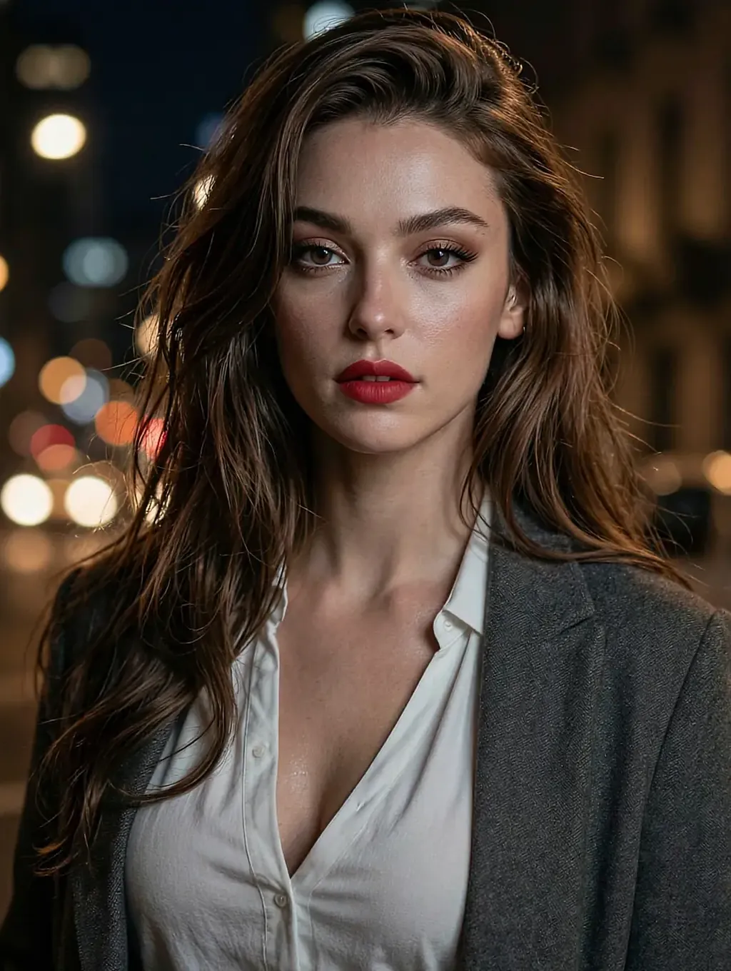 Noor, a fictional AI character, in an open white shirt on a night street with city lights behind her