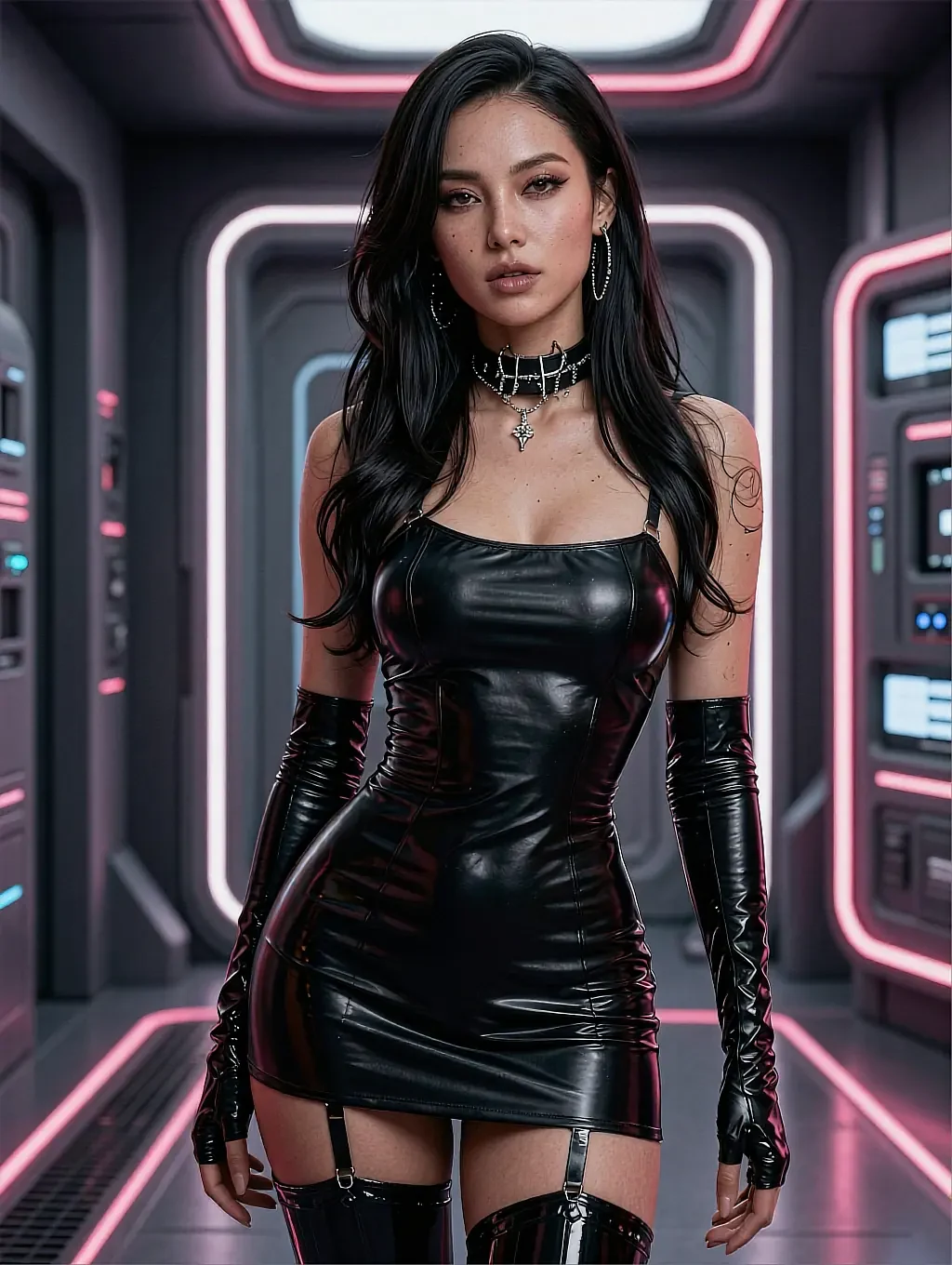 Yuki, a fictional AI character, in a black leather dress and long gloves in a neon-lit room
